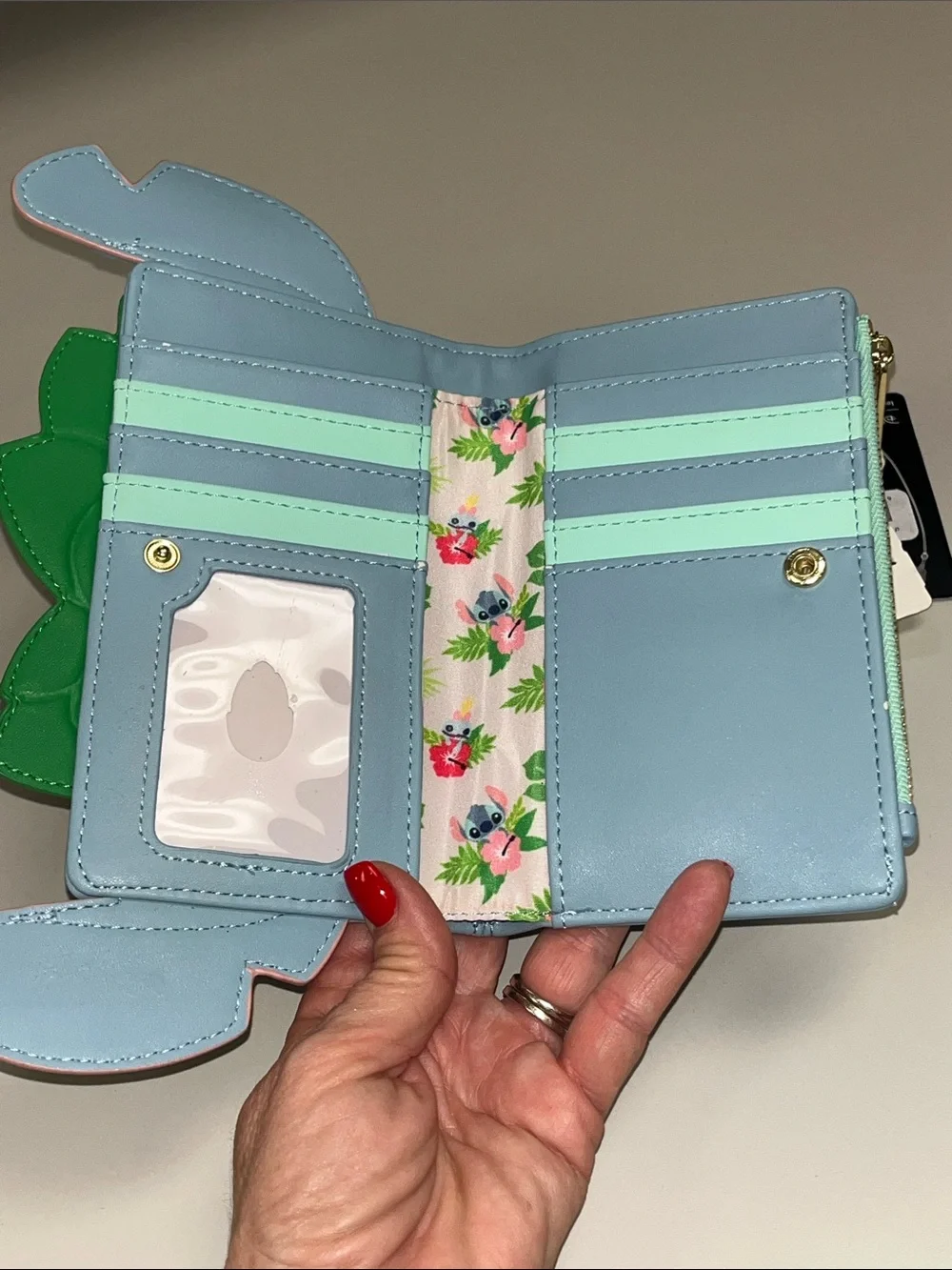Loungefly Blue Stitch Face Wallet w/Pink Ears and Green Leaf Accent NWT